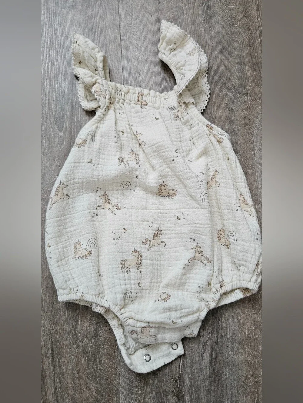 Quincy Mae Cream Unicorn Muslin Romper